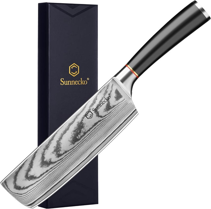 Sunnecko Damascus Nakiri Knife,Japanese VG10 Core Steel Damascus Cleaver Knife,Professional Razor Sharp Kitchen Knives with Knives Sharpner - Image 1
