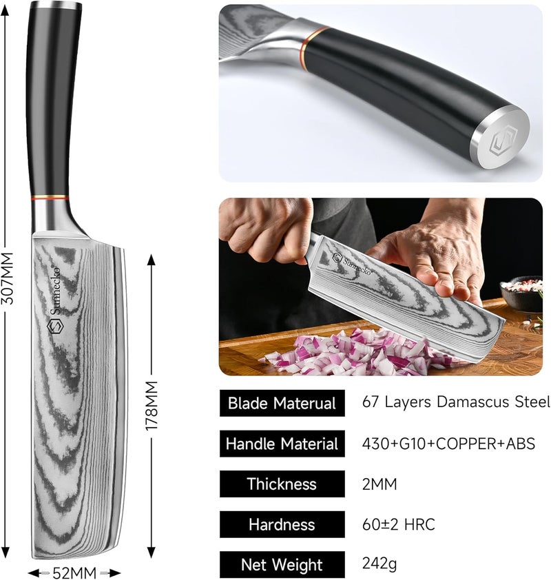 Sunnecko Damascus Nakiri Knife,Japanese VG10 Core Steel Damascus Cleaver Knife,Professional Razor Sharp Kitchen Knives with Knives Sharpner - Image 2