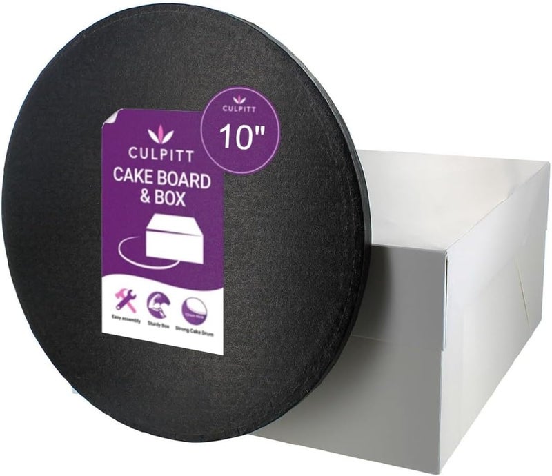 Culpitt 10" Black Cake Board & White Box Combo, Round Drum With Matching Container, 0.5'' (13mm) Thick, Square Transport For Halloween Treats, 10 Inch, Single Pack - Image 1