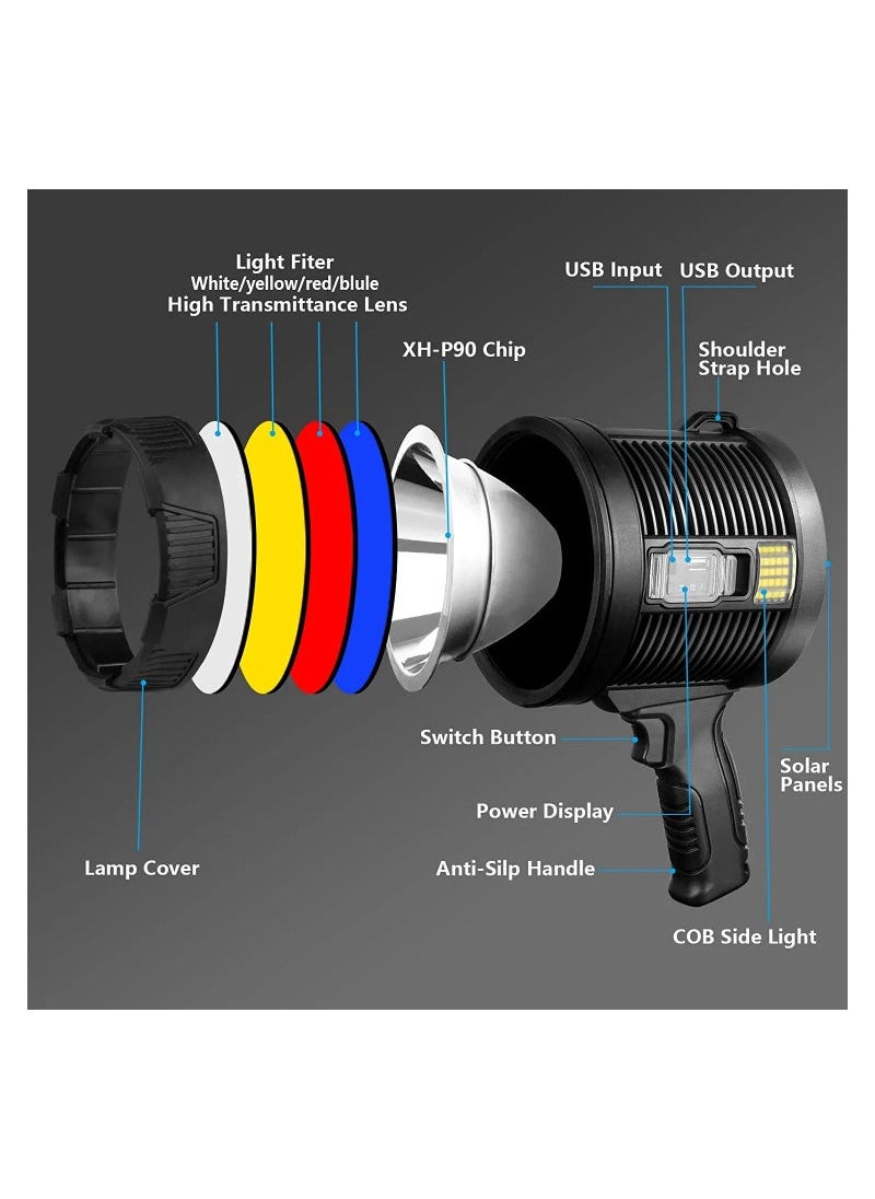 Generic - Rechargeable Super Bright 2200 High Lumens LED Spot Lights, Handheld Flashlight Large Solar Searchlight with Cob Light, 6 Modes, 4 Color Light, IPX5 Waterproof for Hunting Camping - Image 1