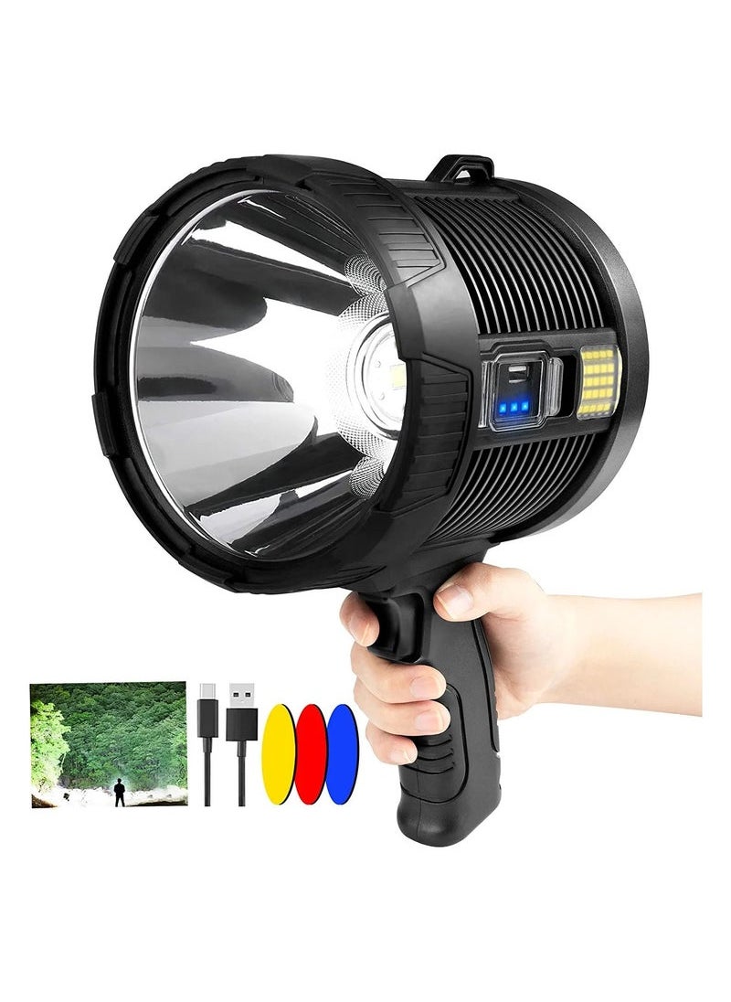 Generic - Rechargeable Super Bright 2200 High Lumens LED Spot Lights, Handheld Flashlight Large Solar Searchlight with Cob Light, 6 Modes, 4 Color Light, IPX5 Waterproof for Hunting Camping - Image 1