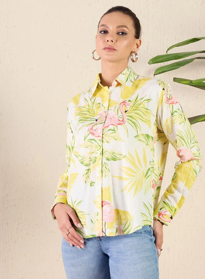 Uptownie Yellow Flamingo Print Cotton Shirt