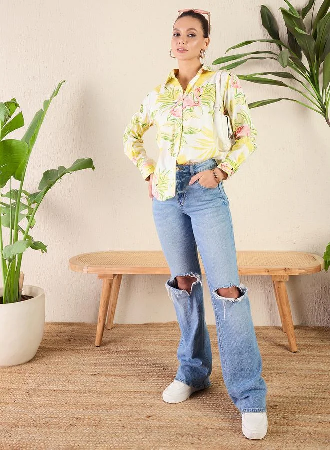 أبتاوني بلوزة قطن بطبعة فلامينجو