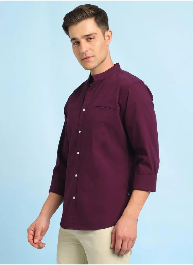 دينيس لينغو Men's Purple Slim Fit Casual Spread Shirt