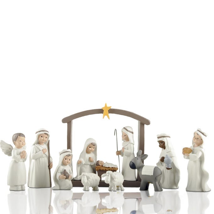 LITTLE PEOPLE NATIVITY SET 12PIECE MINI CHRISTMAS NATIVITY SCENE SET INDOOR HOLIDAY MANGER FIGURES FOR TABLETOP DECOR WHITE NATIVITY FIGURINES