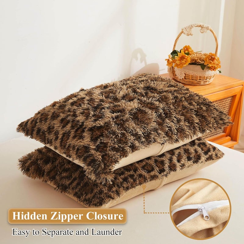 XeGe Cheetah Print Faux Fur Fluffy Pillowcases, Plush Shaggy Soft Long Pillow Covers, Fuzzy Decorative Pillow Cases, Furry Pillow Shams for Bed Couch Zipper, Set of 2(King, Cheetah Print Brown) - Image 3