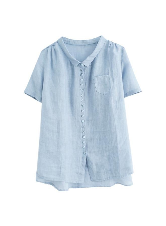 VUELO Real Shot Summer New Artistic Loose Solid Color Cotton Linen Lapel Short Sleeve Shirt Top Women #8626 - Image 5