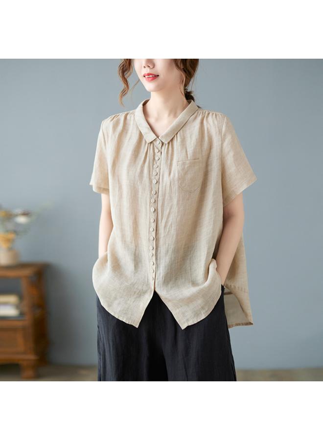 VUELO Real Shot Summer New Artistic Loose Solid Color Cotton Linen Lapel Short Sleeve Shirt Top Women #8626 - Image 4