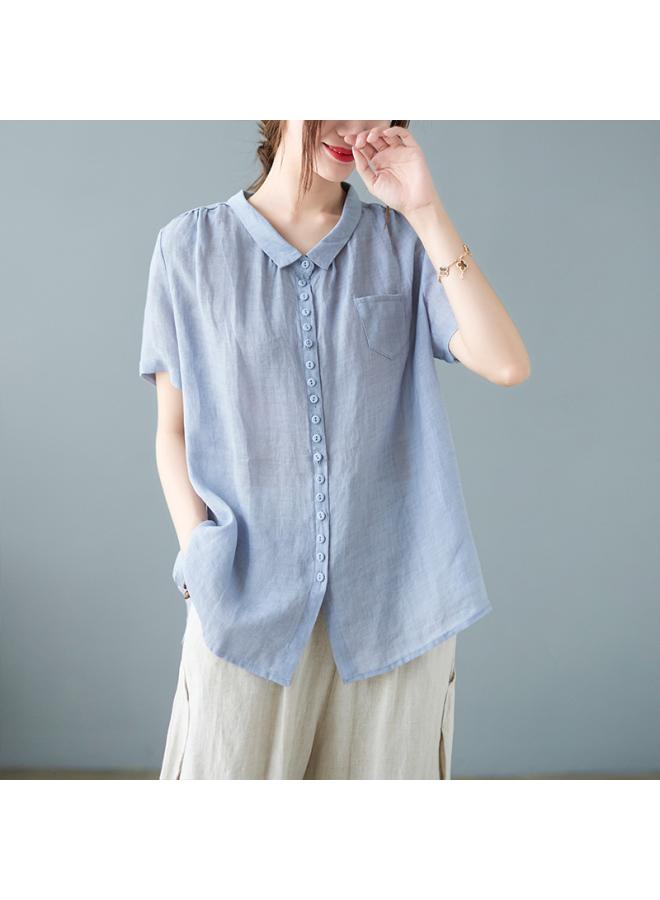 VUELO Real Shot Summer New Artistic Loose Solid Color Cotton Linen Lapel Short Sleeve Shirt Top Women #8626 - Image 1