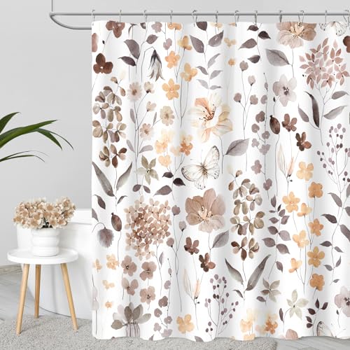 MAYZUS Brown Floral Shower Curtain Fall Flower Fabric Shower Curtains for Bathroom Taupe Wildflower Butterfly Cloth Shower Curtain Set with Hooks 72x72 - Image 1