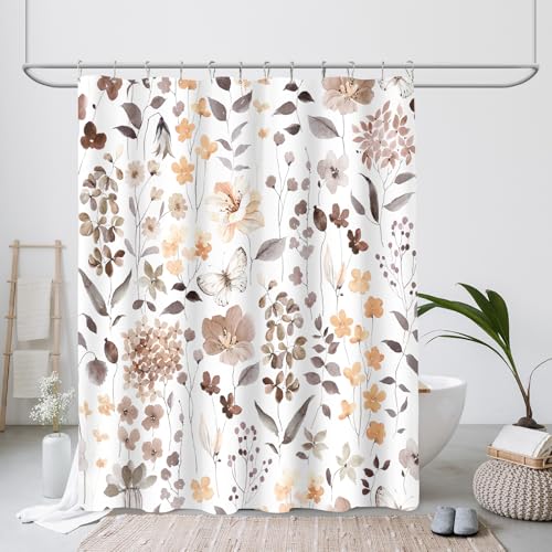 MAYZUS Brown Floral Shower Curtain Fall Flower Fabric Shower Curtains for Bathroom Taupe Wildflower Butterfly Cloth Shower Curtain Set with Hooks 72x72 - Image 3