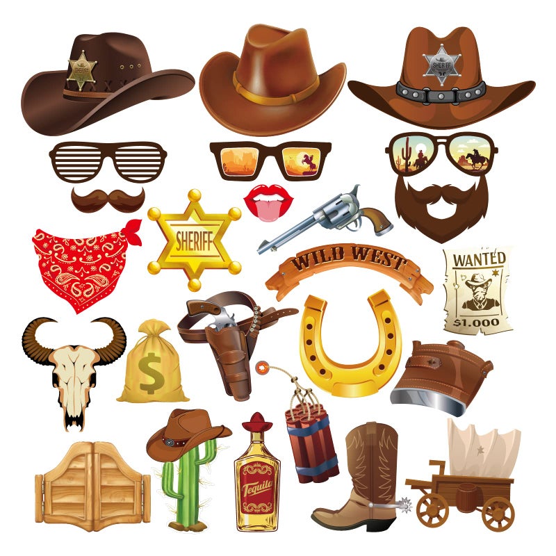 CC HOME 25pcs Western Cowboy Photo Booth Props Cowboy Photo Booth Patterns Party Decorations Party Favor for Boy Men Cowboy Party Essentials