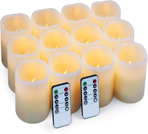 Hausware Flameless Candles Battery Operated Candles Set of 12 (D: 3" x H: 4") Real Wax Pillar Flickering Candles LED Flameless Candles with Remote and Timer Control (Ivory Color) - Image 1