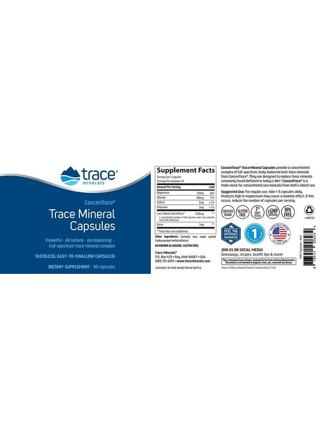 Trace Minerals كبسولات المعادن النادرة كونسنترس - مكمل يدعم صحة العظام وطاقة الجسم - مكمل دعم الترطيب والكهارل - 90 كبسولة (30 حصة) - Image 2