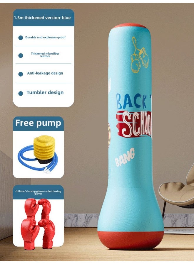 Children's Tumbler Boxing Column Sandbag Inflatable Sandbag Sanda Household Vertical Kids Toy Boxing Training Cool-Color:Upgraded Thickened And Durable Leather [1.5m Blue] Comes With Air Pump + Parent-child Boxing Gloves  - Image 1