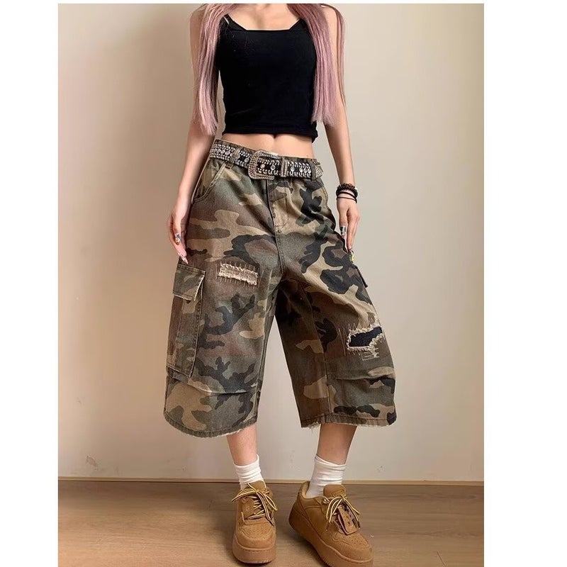 American Retro Ripped Patch Wide Leg Camouflage Jeans Harajuku Simple Artistic Unbranded Japanese Popular Lazy Camouflage color 