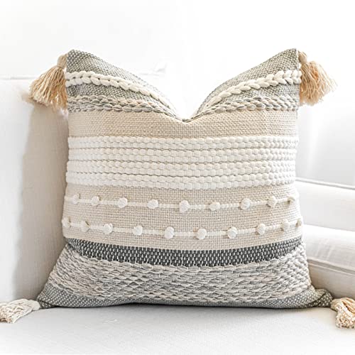 BlissBlush Gray Boho Throw Pillow Cover 22x22, Grey Decorative Accent Pillow for Couch, Square Woven Textured Pillowcase, Modern Farmhouse Pillow for Bed, Bohemian Pillow Cover (Pack of 1) - Image 1