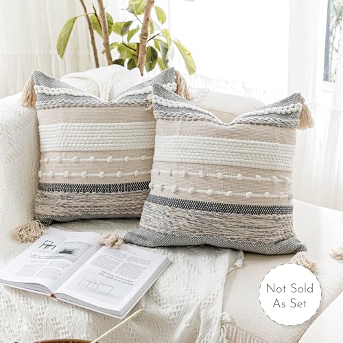 BlissBlush Gray Boho Throw Pillow Cover 22x22, Grey Decorative Accent Pillow for Couch, Square Woven Textured Pillowcase, Modern Farmhouse Pillow for Bed, Bohemian Pillow Cover (Pack of 1) - Image 5