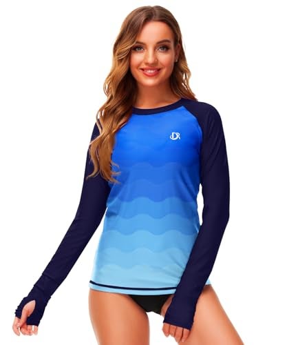 Deerose Women's Long Sleeve Rashguard Swimming Shirts Beach Surf SPF Sun Shirts Swimsuit Top Navy Blue S - Image 3