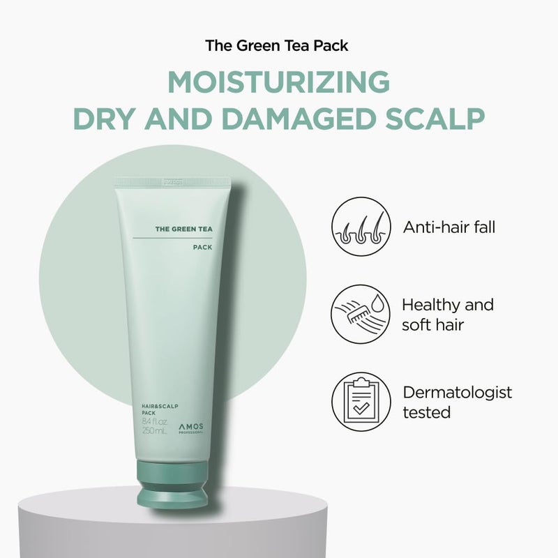 AMOS PROFESSIONAL The Green Tea Moisturizing Pack, Hair & Scalp Treatment for Thinning Hair, Korean Hair Mask, Strengthening Hair, All Hair Types, 8.4 fl. oz. - Image 3