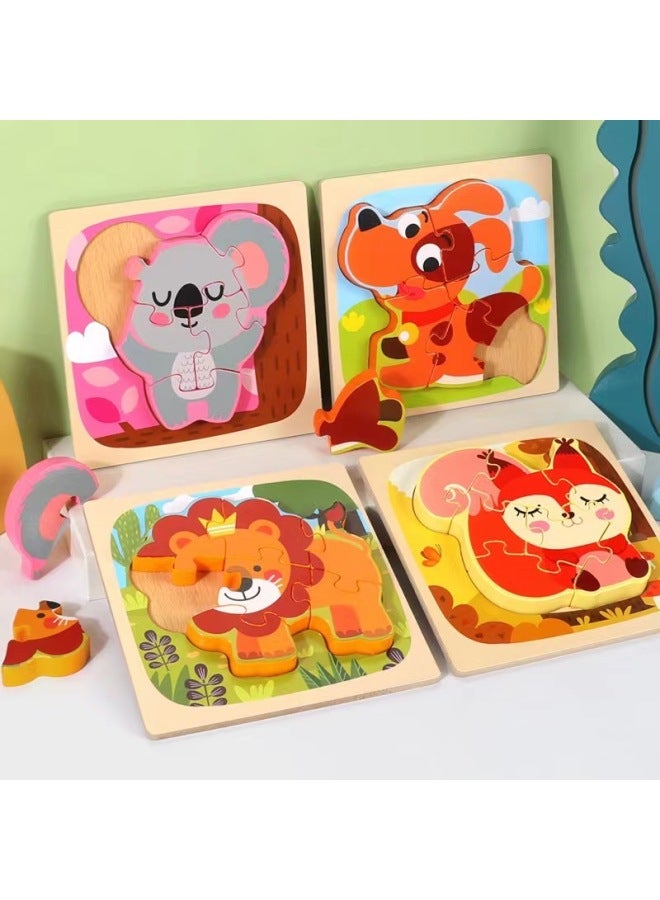 Wooden Advanced Three-Dimensional Puzzle Set Educational Toys For Young Children Boys And Girls Baby Cartoon Animal Puzzle 3-6-Color:Style Wu (koala + Dog + Lion + Fox) - Image 1
