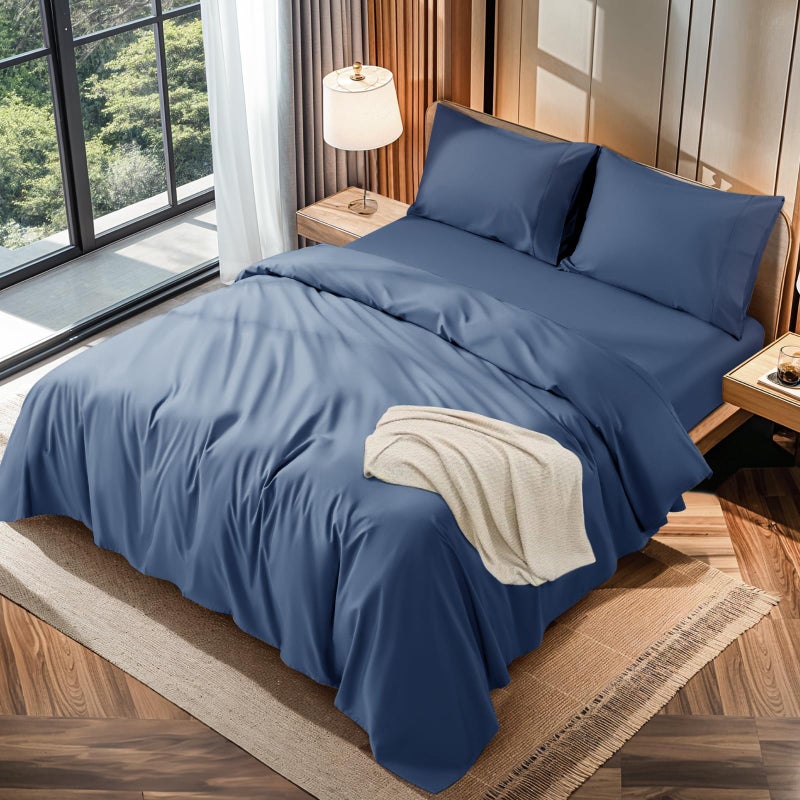 LBRO2M LBRO2M 100% Cotton 1200 Thread Count California King Size Sheets Set 16 inches Deep Pocket Bed Sheet 4 Piece Sets (Navy Blue)  - Image 1