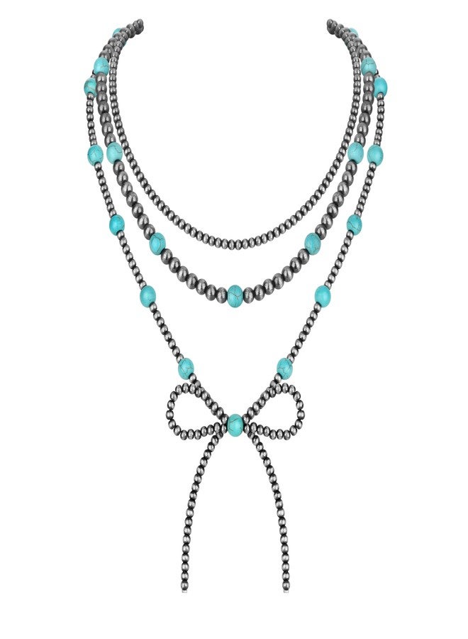 LORACOXS 3PCS Navajo Pearl Necklace for Women Western Necklaces for Women Layered Stackable Cowgirl Pearl Bow Necklace, Plastic, No Gemstone - Image 1