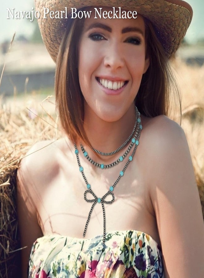 LORACOXS 3PCS Navajo Pearl Necklace for Women Western Necklaces for Women Layered Stackable Cowgirl Pearl Bow Necklace, Plastic, No Gemstone - Image 2