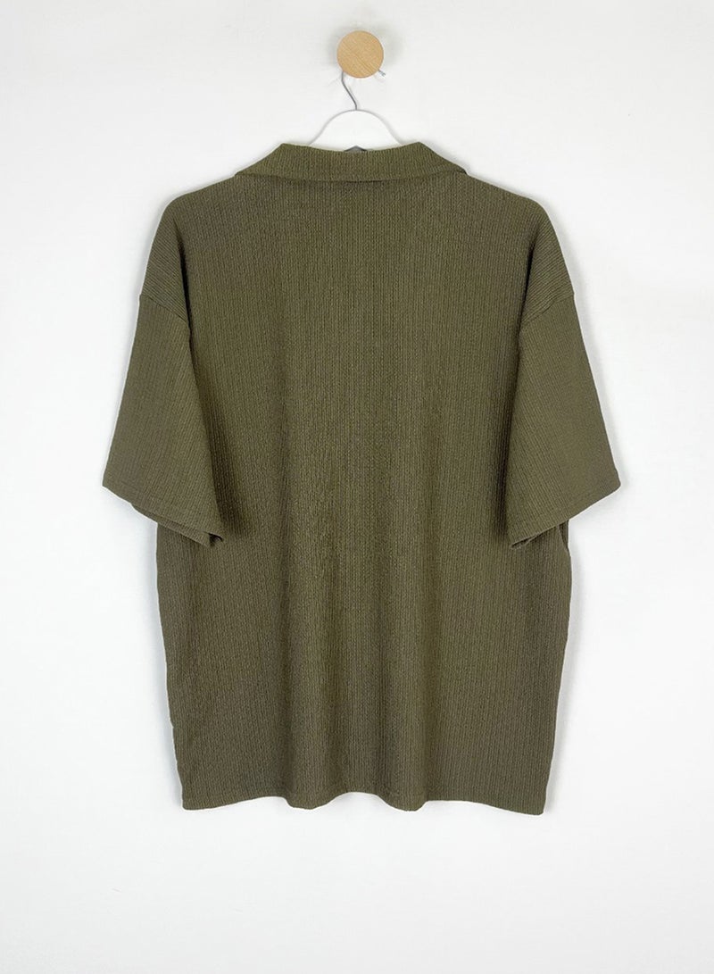 trendyol Khaki Oversized /Wide Cut Wrinkled Textured Polo Neck T-Shirt Tmnss25Po00018 - Image 5