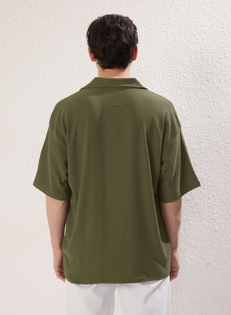 trendyol Khaki Oversized /Wide Cut Wrinkled Textured Polo Neck T-Shirt Tmnss25Po00018 - Image 4