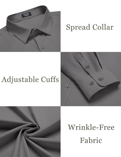 COOFANDY Men Formal Long Sleeve Shirt Tailored Fit Spread Collar Dress Shirt Dark Grey - Image 5