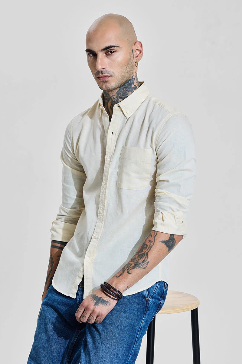 SNITCH Cream Linen Blend Slim Fit Shirt