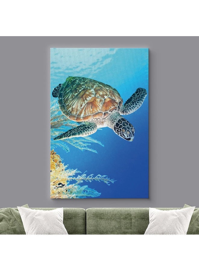wall26 Canvas Print Wall Art Turtle Glides in Ocean Near Yellow Seaweed - Image 2