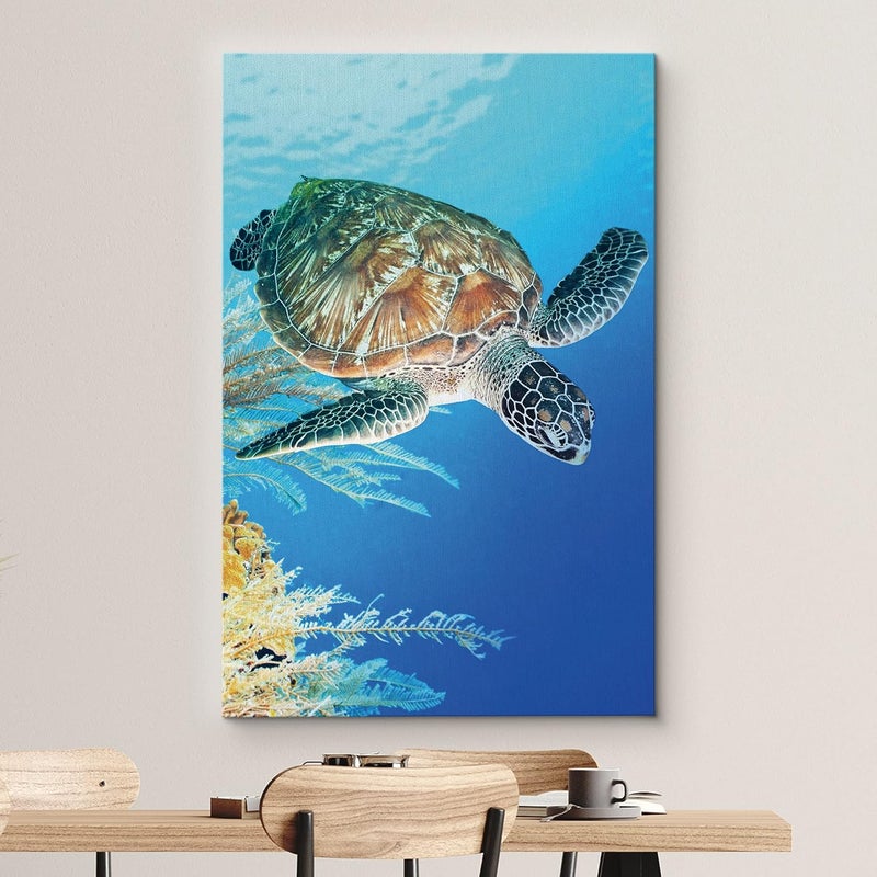 wall26 Canvas Print Wall Art Turtle Glides in Ocean Near Yellow Seaweed - Image 3