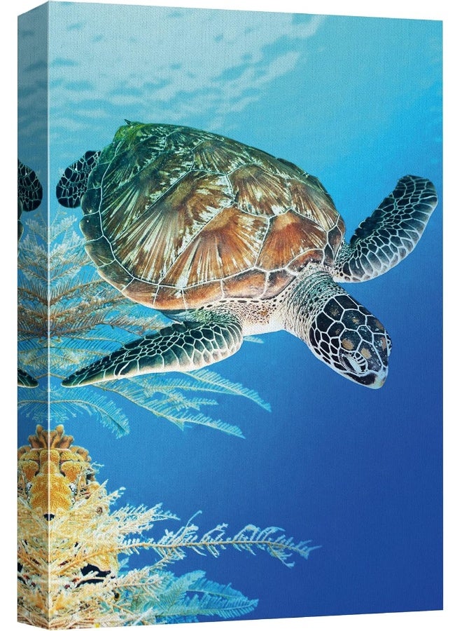 wall26 Canvas Print Wall Art Turtle Glides in Ocean Near Yellow Seaweed - Image 1