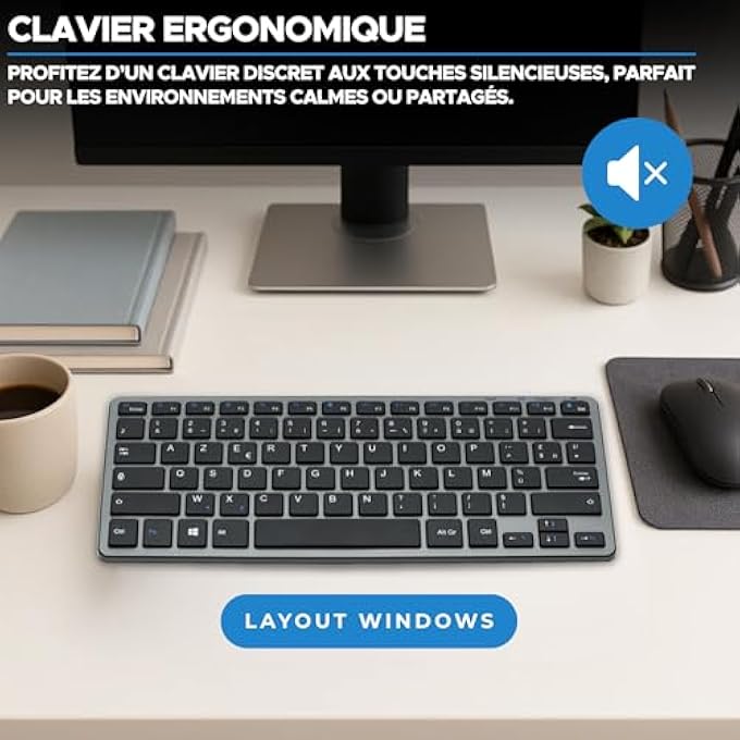 rayihni - WIRELESS BLUETOOTH KEYBOARD, MINI FRENCH AZERTY KEYBOARD, SILENT LIGHTWEIGHT KEYBOARD, 90H BATTERY LIFE BLUETOOTH KEYBOARD, USB C RECHARGEABLE, 14 MULTIMEDIA SHORTCUTS - BLACK - NEW - Image 2