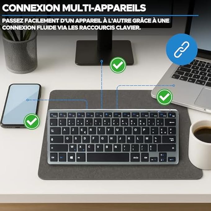 rayihni - WIRELESS BLUETOOTH KEYBOARD, MINI FRENCH AZERTY KEYBOARD, SILENT LIGHTWEIGHT KEYBOARD, 90H BATTERY LIFE BLUETOOTH KEYBOARD, USB C RECHARGEABLE, 14 MULTIMEDIA SHORTCUTS - BLACK - NEW - Image 3