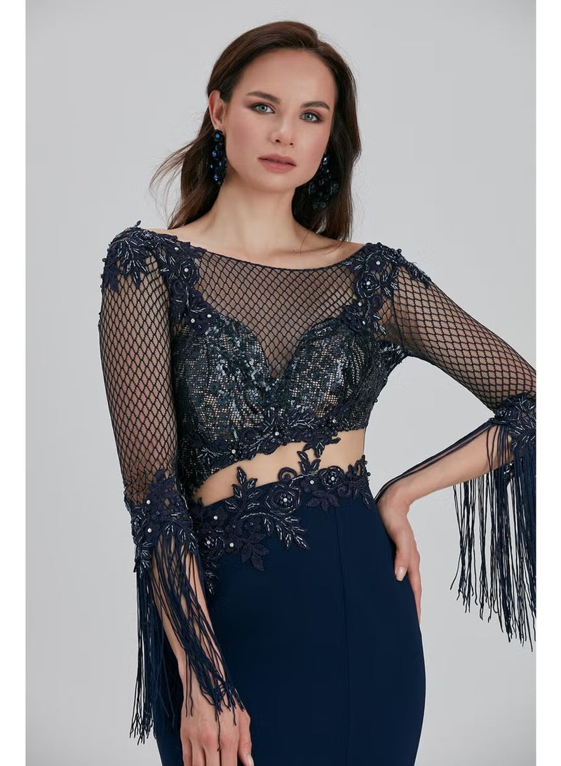 Neva Style Evening Dress Beaded Embroidered Navy Blue Evening Dress 75501L - Image 3