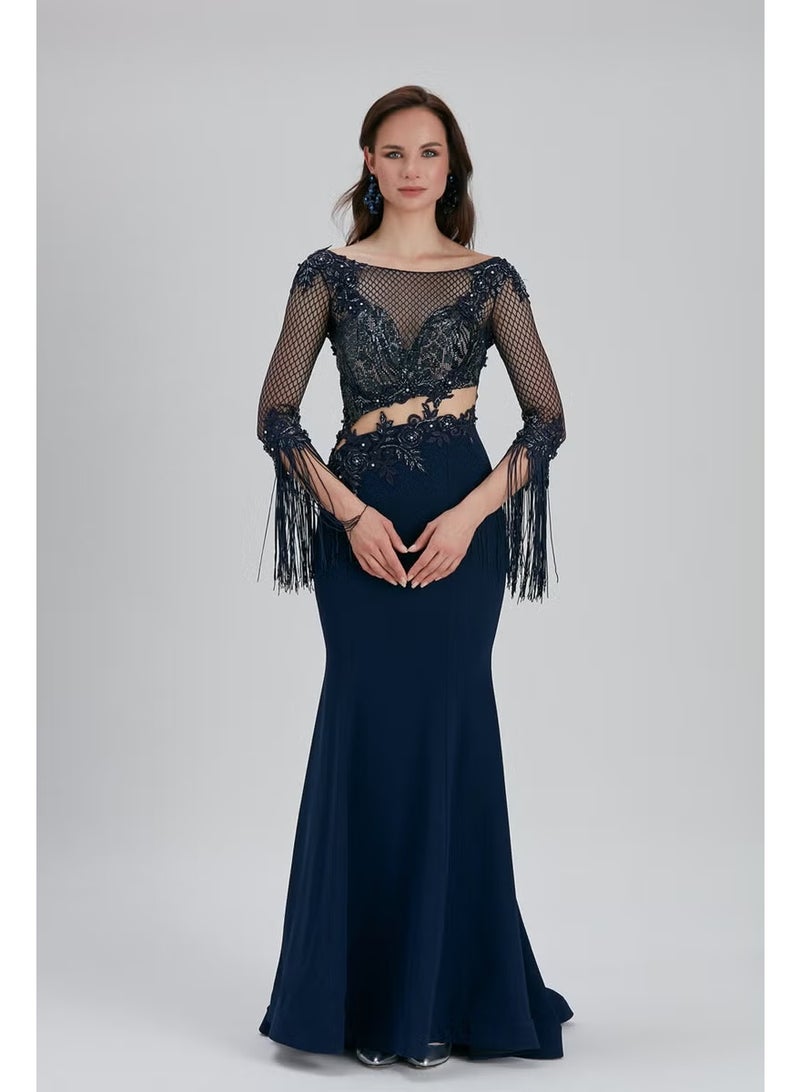 Neva Style Evening Dress Beaded Embroidered Navy Blue Evening Dress 75501L - Image 2