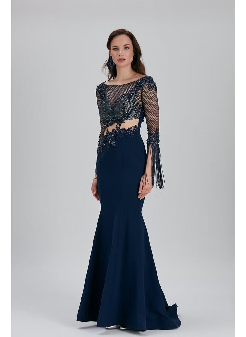 Neva Style Evening Dress Beaded Embroidered Navy Blue Evening Dress 75501L - Image 5