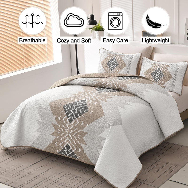 Dintszyayue Brown Boho Quilt Set Queen,3 Pieces Aztec Texture Quilt with 2 Pillowcases,Bohemian Geometric Bedspread Bedding Set Microfiber Quilted Coverlet Set for All Seasons Queen Size(90"Ã—96") - Image 2