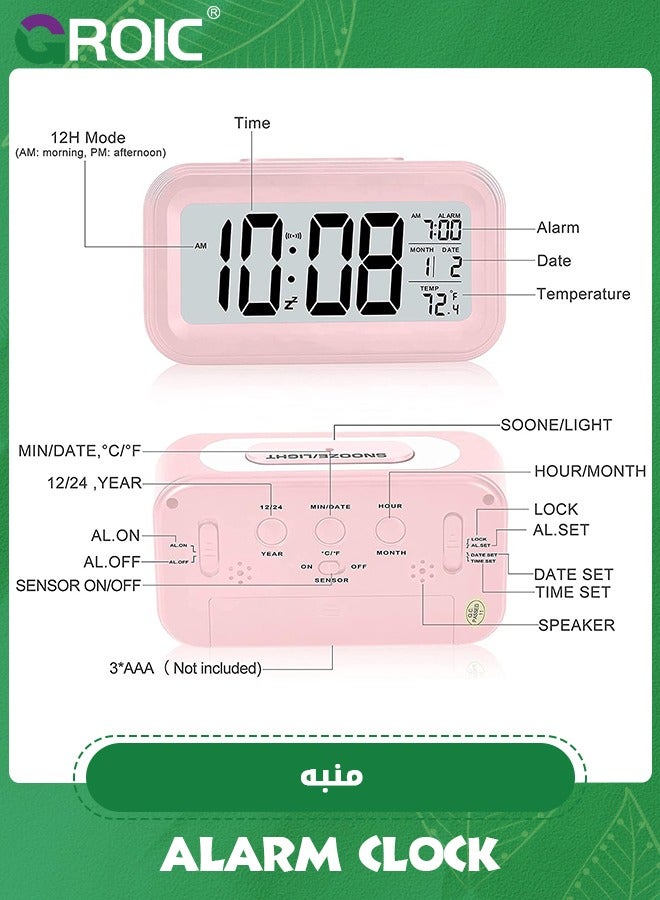 GROIC Battery Operated LCD Digital Alarm Clock Smart Sensor Night Light with Snooze, Date, Temperature, 12/24Hr Switchable,LED Digital Sleep Smart Watch - Image 2