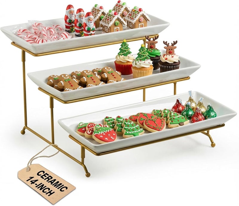 LAUCHUH Large 3 Tier Serving Stand Tiered Serving Trays Collapsible Sturdier Rack with 3 Porcelain Serving Platters for Fruit Dessert Presentation Thanksgiving Christmas Party Display Set, 14 Inch - Image 1
