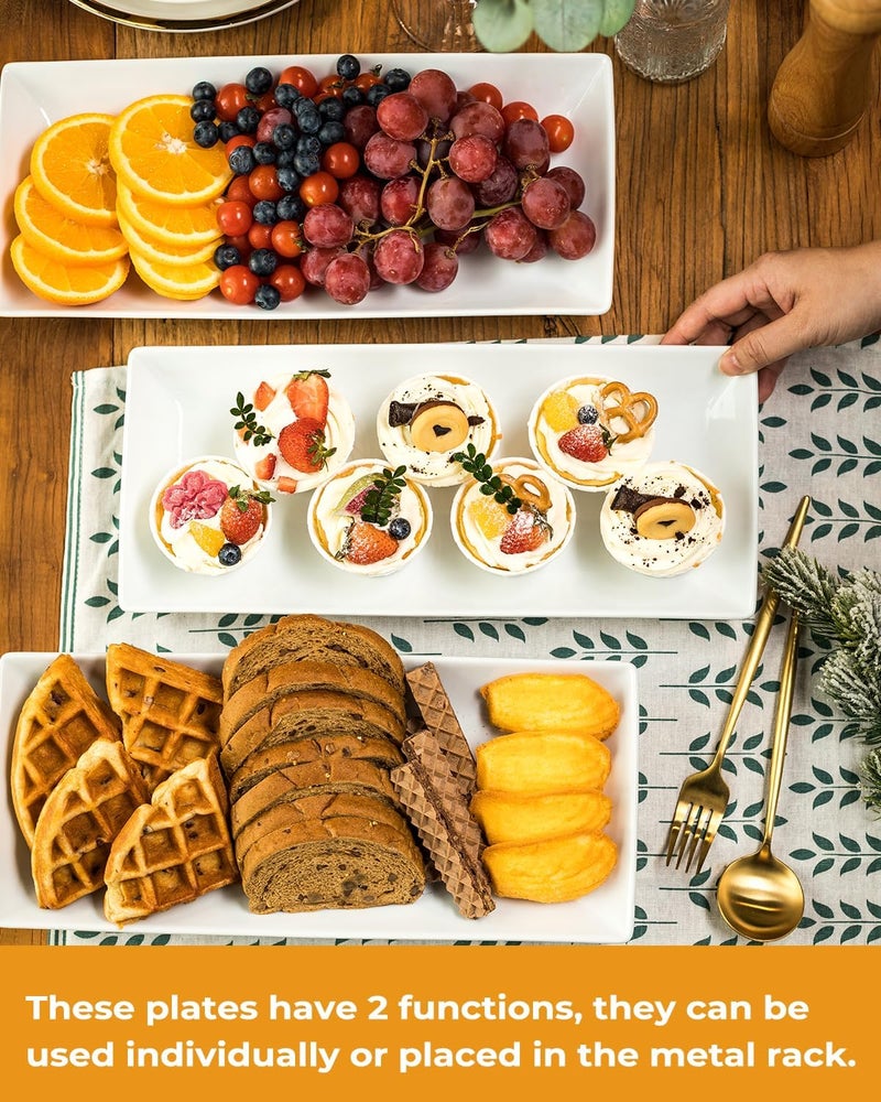 LAUCHUH Large 3 Tier Serving Stand Tiered Serving Trays Collapsible Sturdier Rack with 3 Porcelain Serving Platters for Fruit Dessert Presentation Thanksgiving Christmas Party Display Set, 14 Inch - Image 4