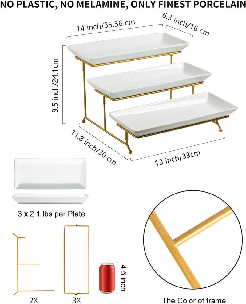 LAUCHUH Large 3 Tier Serving Stand Tiered Serving Trays Collapsible Sturdier Rack with 3 Porcelain Serving Platters for Fruit Dessert Presentation Thanksgiving Christmas Party Display Set, 14 Inch - Image 2