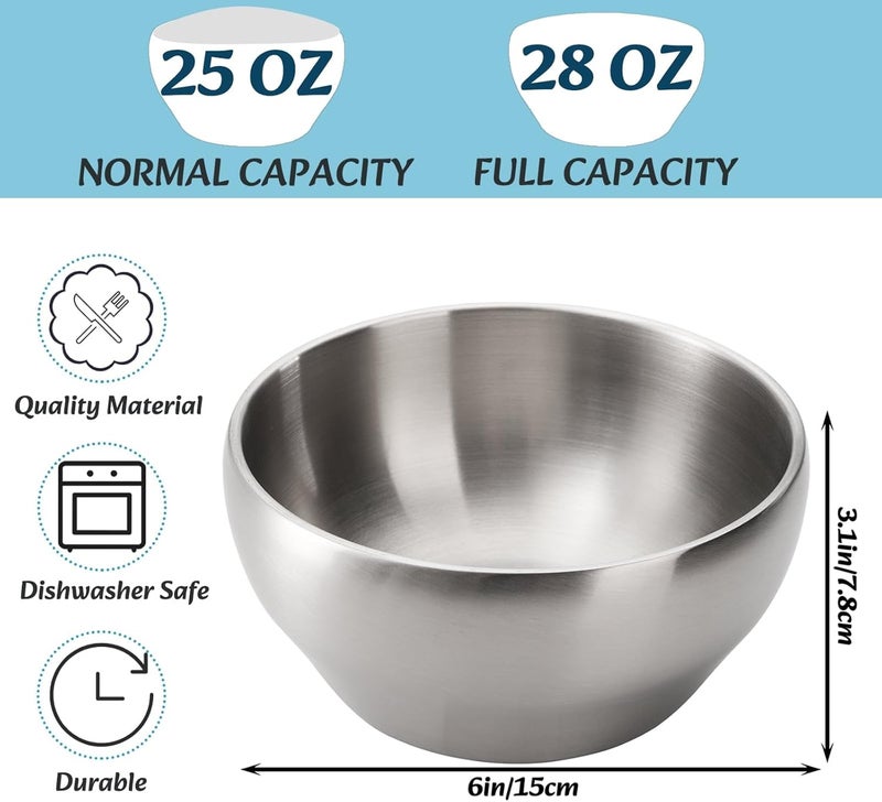 Youeon 3 Pack 28Oz/800ml SUS304 Brushed Stainless Steel Bowls, Double Wall Insulated Bowls, Stainless Steel Soup Bowl for Cereal, Ice Cream, Noodle, 6 Inch/15 cm Bowl Set for Serving, Dishwasher Safe - Image 2