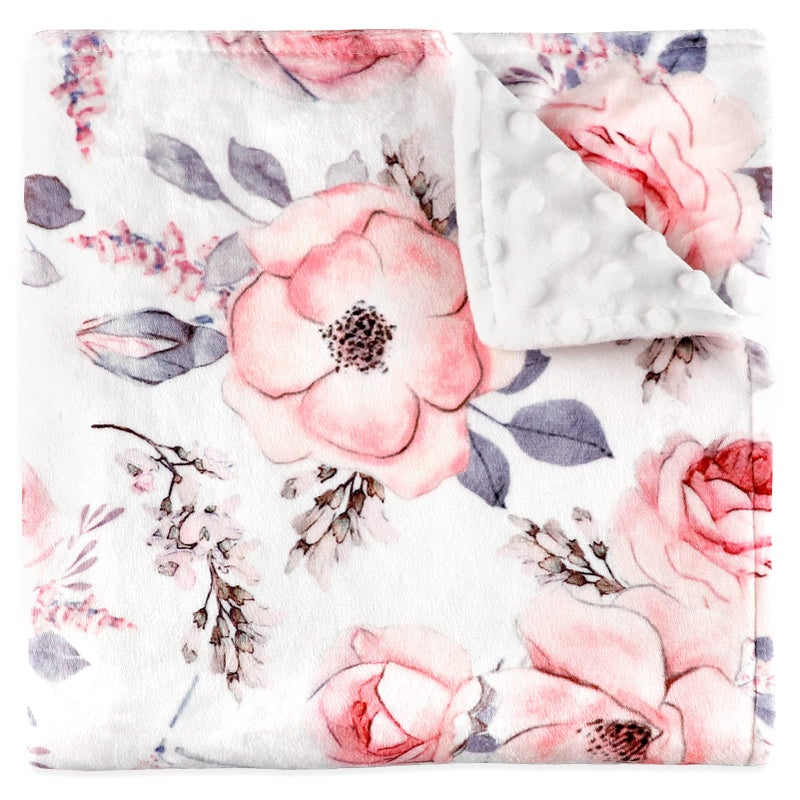 Baby Blanket for Girls Super Soft Double Layer Mink Blankets with Dotted Backing Floral Newborn Nursery Bed Blanket Pink Flower 30 X 40 Inches