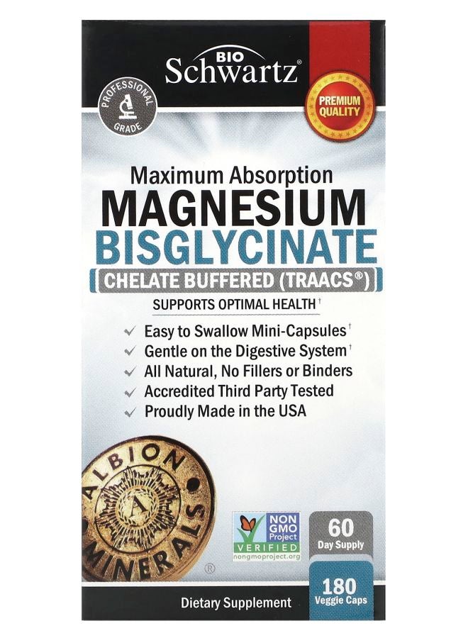 Maximum Absorption Magnesium Bisglycinate 180 Veggie Caps