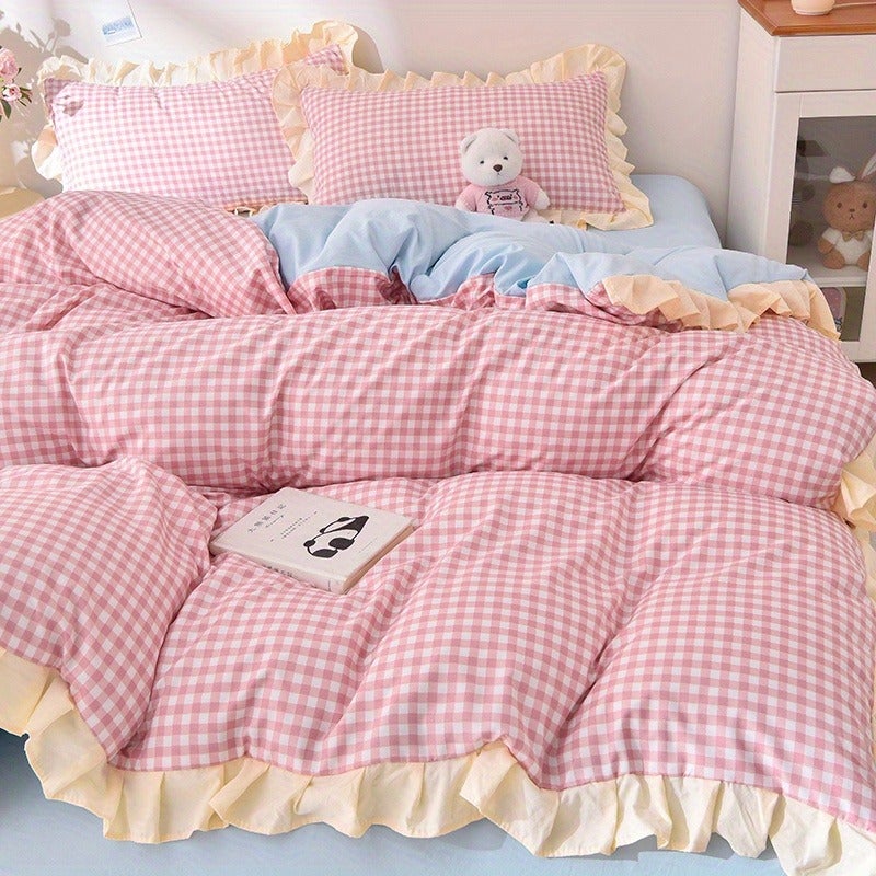Blue Easy Striped Minimalist Style Bed Sheet 4pcs Set (1 Duvet Cover + 1 Bed Sheet + 2 Pillowcases Combination) Chemical Fiber Fabric Soft Machine Washable All Seasons Available Does Not Include Duvet Insert And Pillow Insert - Image 4