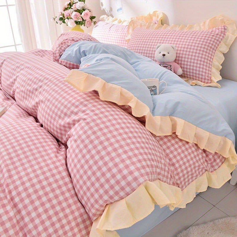Blue Easy Striped Minimalist Style Bed Sheet 4pcs Set (1 Duvet Cover + 1 Bed Sheet + 2 Pillowcases Combination) Chemical Fiber Fabric Soft Machine Washable All Seasons Available Does Not Include Duvet Insert And Pillow Insert - Image 1